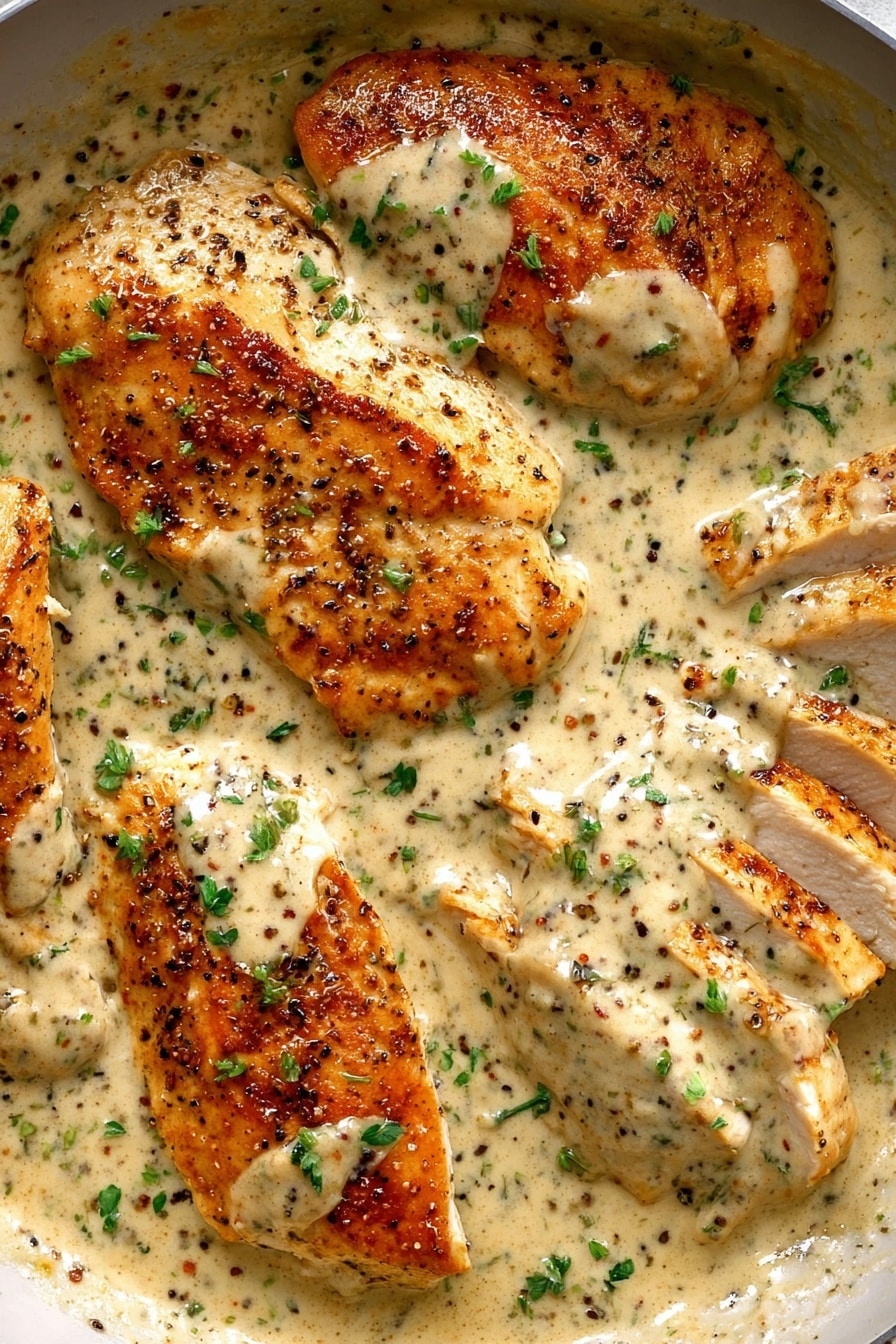 Creamy Ranch Chicken - The image shows several pieces of golden-brown cooked chicken with a creamy light beige sauce covering and surrounding them. The chicken pieces have a smooth but slightly textured surface with visible seasoning of black pepper and small green herb bits sprinkled on top. Some chicken slices are whole and thick, while others are sliced into strips on the lower right side. The sauce looks thick and creamy with bits of herbs mixed in, pooling around the chicken in a shallow white pan. The whole scene sits on a white marbled background. photo taken with an iphone --ar 2:3 --v 7
