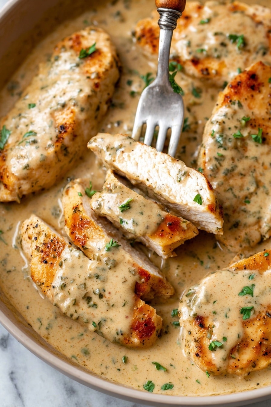 Creamy Ranch Chicken - A white plate with a three-layer meal: the bottom layer is smooth white mashed potatoes spread across the plate, topped with sliced, browned chicken that has black and red seasoning specks, all covered in a creamy, light brown gravy with visible herbs. On the right side, a neat pile of shiny, cooked green beans with a slight gloss and little bits of seasoning sits beside the chicken and potatoes. A silver fork rests on the left side of the plate, all set on a white marbled surface. photo taken with an iphone --ar 2:3 --v 7