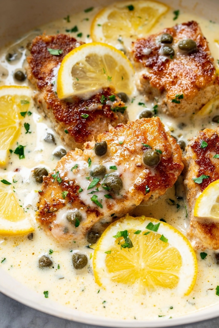 Lemon Chicken Piccata - The image shows a close-up of golden brown cooked pieces of meat with a crispy texture on the top, partially covered in a creamy white sauce with visible green herbs and small dark green capers scattered around. Lemon slices with bright yellow skin and pale yellow flesh are placed around the dish, adding a fresh touch. The sauce has a smooth texture and is thick enough to coat the meat and pool slightly around it. There are small bits of green herbs sprinkled on the surface, enhancing the visual contrast. The scene is set on a white marbled textured surface. Photo taken with an iphone --ar 2:3 --v 7