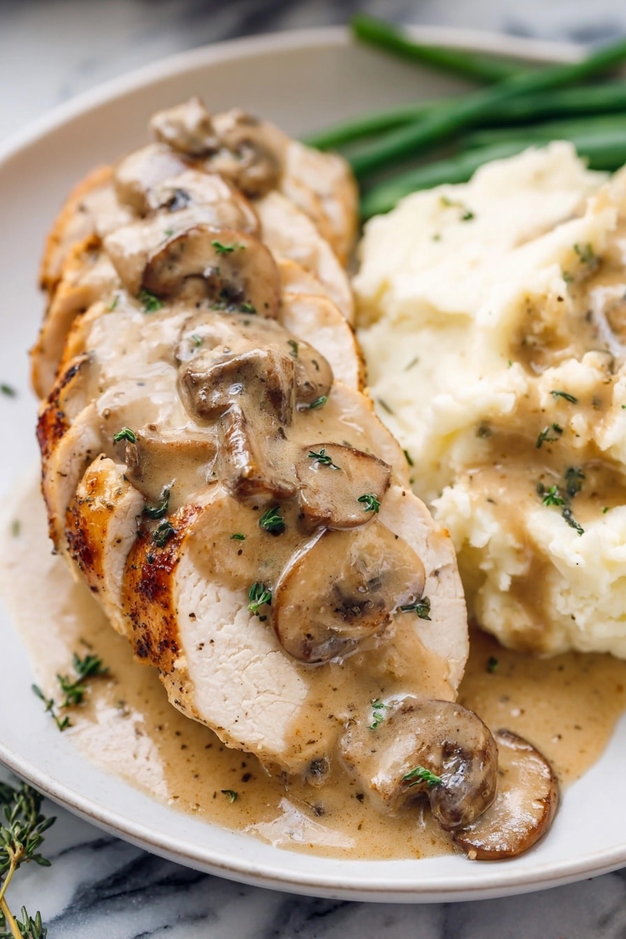 Creamy Mushroom Chicken - A white plate holds a layered meal starting with slices of browned chicken with a firm white interior at the base. On top of the chicken, there is a creamy light brown sauce with large mushroom slices and small green herb pieces sprinkled over. To the right side of the plate, a serving of creamy mashed potatoes with bits of herbs in them sits partially covered with the sauce. The background shows a white marbled surface and some green vegetables are visible behind the chicken. photo taken with an iphone --ar 2:3 --v 7