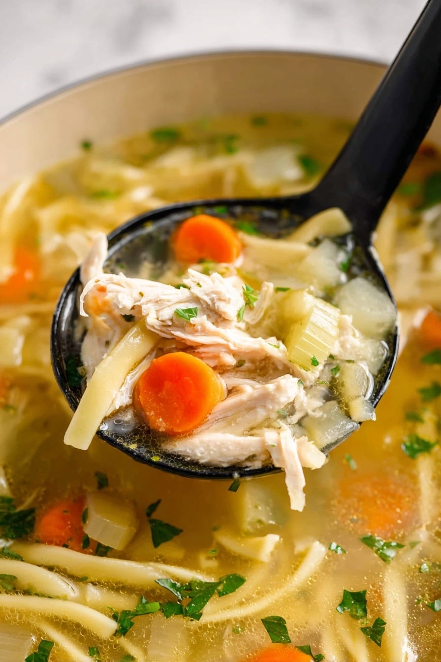 creamy chicken noodle soup - The image shows a black ladle lifting a serving of chicken noodle soup from a bowl. The ladle holds layers of light beige shredded chicken pieces on top, bright orange carrot slices next to it, and translucent celery chunks underneath, all mixed in a clear golden broth. Thin strips of pale yellow noodles are scattered around the ladle, floating in the broth with small green parsley bits. The background is a white marbled texture. photo taken with an iphone --ar 2:3 --v 7