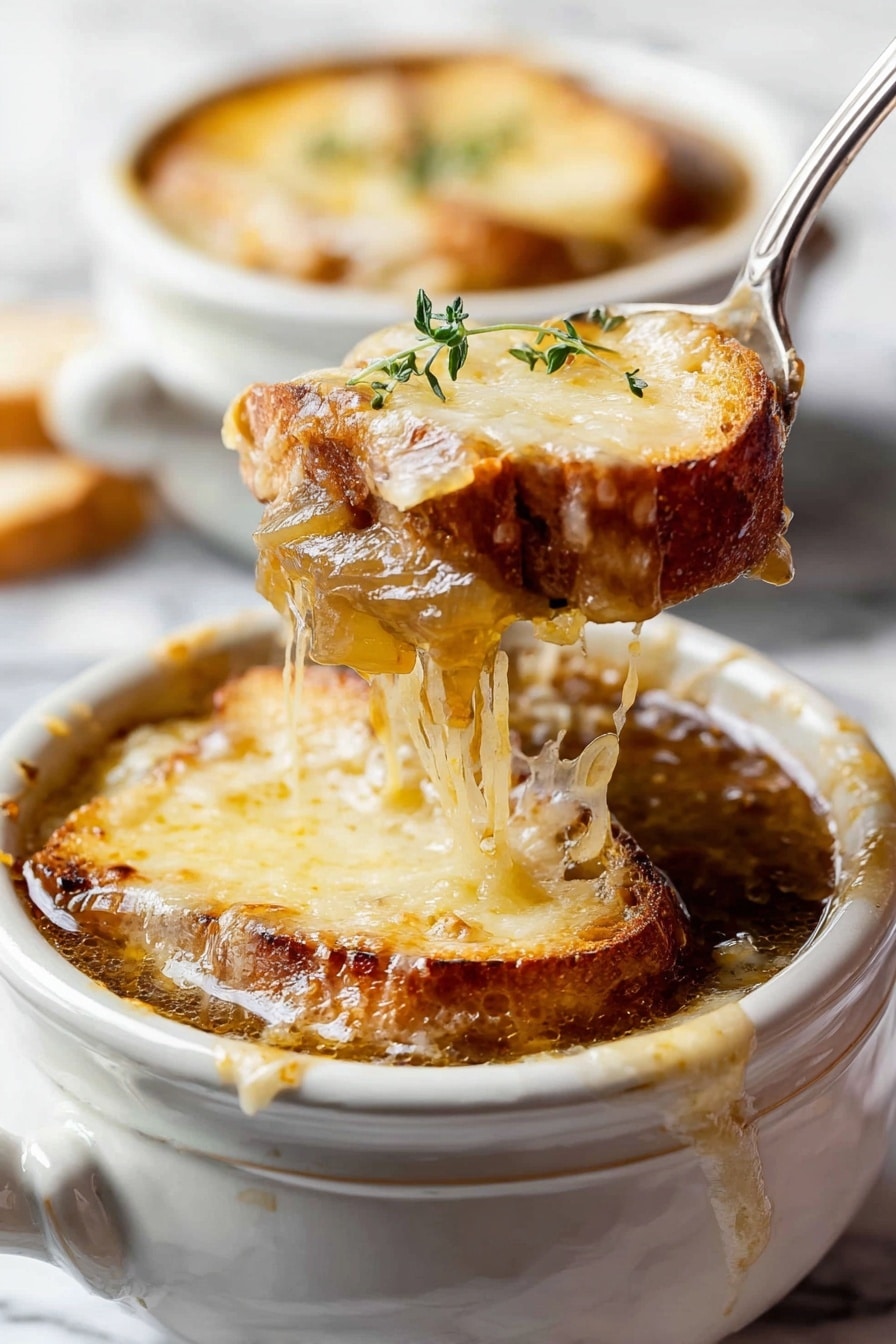 French onion soup - Two white bowls filled with rich brown soup form the base layer, topped with two slices of toasted bread soaked in the soup, golden to light brown and bubbly from melted, browned cheese. The cheese layer has a creamy yellow color mixed with some crisp, darker golden spots. A small sprig of fresh green thyme is placed on top of the cheese for garnish. The bowls sit on a white marbled surface with a few scattered thyme leaves nearby. photo taken with an iphone --ar 2:3 --v 7