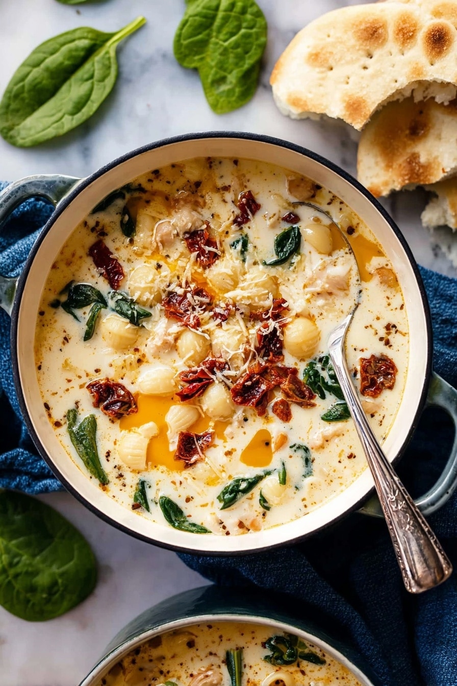 Creamy Tuscan Chicken - The image shows a white ceramic pot filled with creamy soup containing three main visible layers: the base is a thick, off-white creamy broth mixed with small white pasta shells and chunks of light-colored meat; scattered throughout are dark green spinach leaves adding contrast; on top, there are pieces of rich dark red sun-dried tomatoes and a bright orange oil drizzle spreading across the surface with a light dusting of grated cheese in the center. A silver spoon rests inside the soup, and pieces of white flatbread are placed next to the pot on a white marbled surface with dark blue cloth partially visible in the background. A few loose fresh spinach leaves are also scattered nearby. photo taken with an iphone --ar 2:3 --v 7