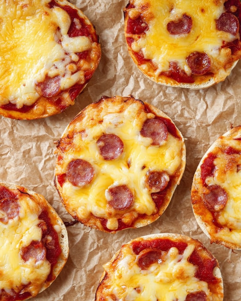 Several small round pizzas are shown on crumpled brown parchment paper, each with a visible base layer of red tomato sauce topped with a thick layer of melted golden yellow cheese, some parts slightly browned and bubbly. One pizza has small, evenly spread slices of reddish-brown sausage on top of the cheese. The pizzas have light tan crusts that are thin and slightly crispy around the edges. The image is taken from above, showing the pizzas closely arranged with no plate visible, on a subtle crumpled paper surface. Photo taken with an iphone --ar 2:3 --v 7