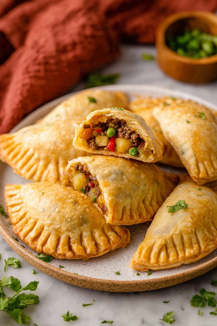 A round white plate holds six golden-brown empanadas with crimped edges, arranged in a slightly overlapping circle on a white marbled surface. One empanada is broken open and placed on top, showing a layered filling inside with colors of brown minced meat, light yellow potatoes, small green peas, and bits of red bell pepper. Bright green herb leaves are scattered around the plate, and the background is softly blurred with a reddish-brown cloth and a small wooden bowl with green herbs. photo taken with an iphone --ar 2:3 --v 7