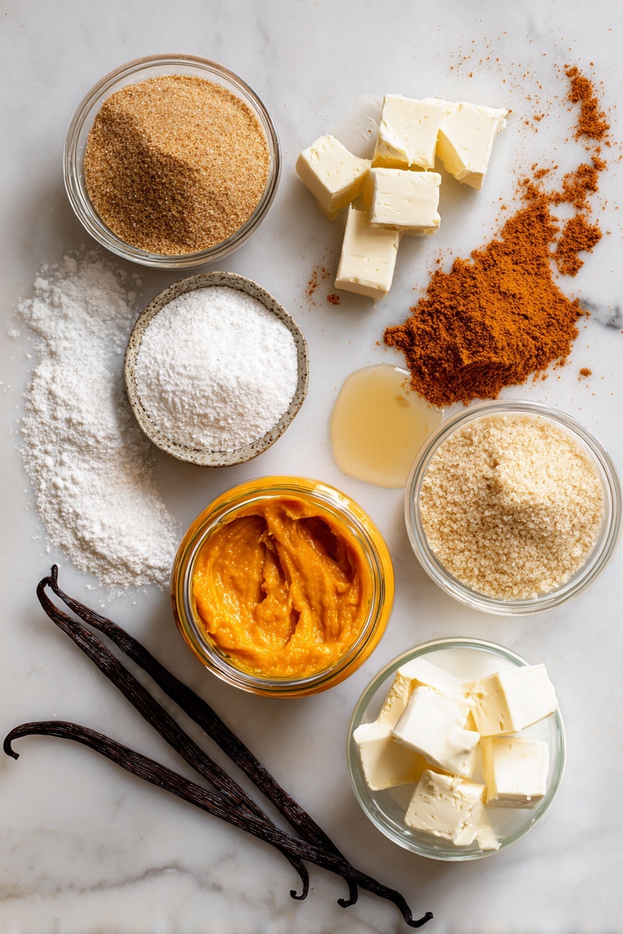 Flat lay of vibrant orange pumpkin purée in a small glass jar, soft cubes of cold non-dairy butter, a heap of light brown sugar with its rich, caramel tones, a mound of fine white powdered sugar, a small pool of golden maple syrup, warm brown pumpkin pie spice sprinkled in a gentle pile, a splash of creamy non-dairy milk in a clear container, and a few vanilla beans arranged elegantly, all placed on a white marble surface, photo taken with an iphone --ar 2:3 --v 7