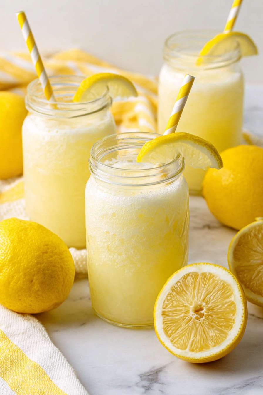 The image shows three glass jars filled with light yellow, frothy lemonade. Each jar has a paper straw with yellow and white stripes inserted near a thin yellow lemon slice placed on the rim. In the foreground, there are two whole yellow lemons, one cut in half showing its inside texture. The scene is set on a white marbled surface with a yellow and white striped cloth partially visible. The lighting is bright and soft, creating a fresh and inviting look. photo taken with an iphone --ar 2:3 --v 7