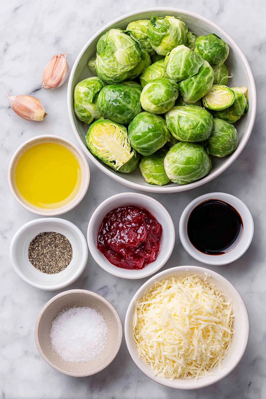 Flat lay of fresh halved Brussels sprouts with a few whole cloves of garlic, a small white ceramic bowl of extra virgin olive oil, a small white ceramic bowl of kosher salt, a small white ceramic bowl of ground black pepper, a small white ceramic bowl of balsamic glaze, a small white ceramic bowl of pomegranate molasses, a small white ceramic bowl of pure maple syrup, and a small white ceramic bowl filled with freshly grated Parmesan cheese, all arranged in perfect symmetry on a clean white marble surface, soft natural light, photo taken with an iPhone, professional food photography style, fresh ingredients, white ceramic bowls, no bottles, no duplicates, no utensils, no packaging --ar 2:3 --v 7 --p awthu7i m7354615311229779997