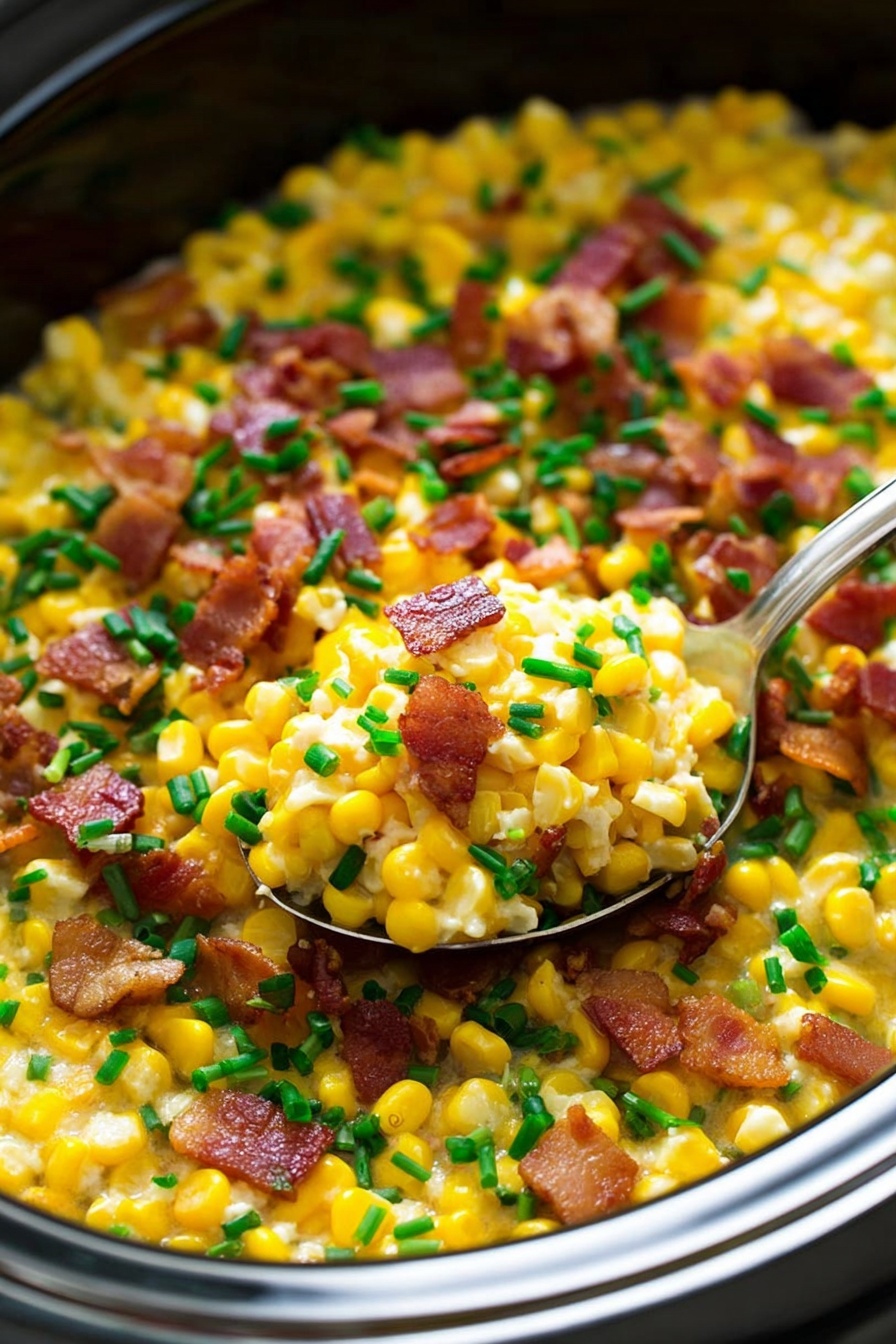 A black bowl filled with a creamy yellow corn layer topped with white sauce, crispy small brown bacon pieces, and sprinkled bright green chopped chives, all sitting on a white marbled surface photo taken with an iphone --ar 2:3 --v 7