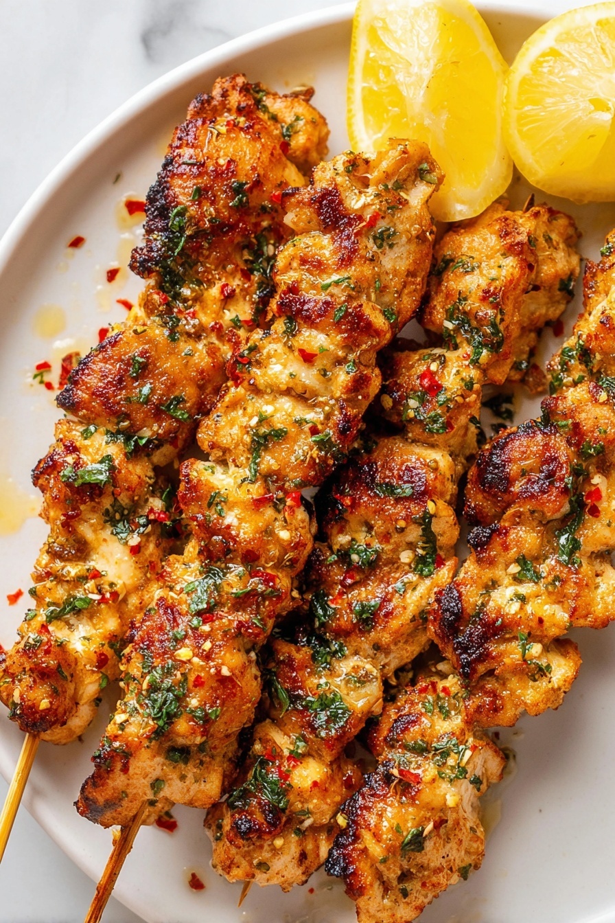 The image shows five grilled chicken skewers on a white plate placed on a white marbled surface. Each skewer has several pieces of golden-brown chicken with crispy edges, sprinkled with green herbs and red chili flakes. There appears to be a light drizzle of seasoning or sauce on the chicken, giving it a glossy look. At the top center of the plate, two lemon wedges are placed close together, adding bright yellow color and freshness to the dish. The chicken pieces are stacked and arranged closely, showing a mix of juicy and crispy textures. photo taken with an iphone --ar 2:3 --v 7