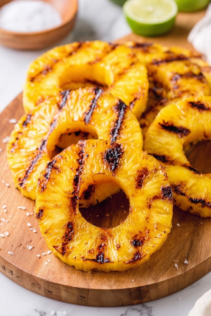 The image shows several grilled pineapple rings arranged closely on a wooden board. Each pineapple ring has a vibrant yellow color with dark brown grill marks running across them, creating a striking contrast. The texture of the pineapples looks juicy and slightly caramelized, with some edges showing a slight char. The wooden board sits on a white marbled surface, and in the background, there is a lime wedge and a bowl of salt partially visible. The scene has bright, natural lighting that highlights the juicy texture of the pineapples. photo taken with an iphone --ar 2:3 --v 7