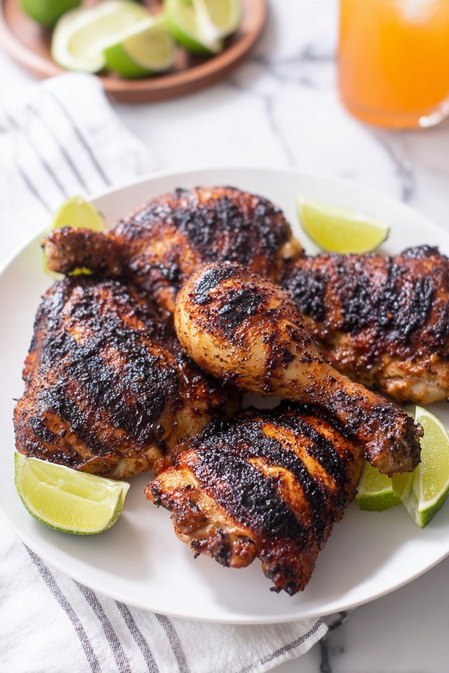 A white plate holds five pieces of grilled chicken with a dark charred crust, showing a mix of black and deep golden brown colors with rough, crispy textures. The chicken pieces include two drumsticks and three thighs arranged close together, each piece showing marked grill lines and slightly uneven coloring from the cooking. Around the chicken, there are several bright green lime halves and wedges placed to add fresh color contrast. The plate sits on a white marbled surface with a white cloth towel with thin black lines partly visible on the side, and a blurred orange drink glass and lime wedges in the background. The scene has soft, natural light highlighting the textures and colors of the food. photo taken with an iphone --ar 2:3 --v 7
