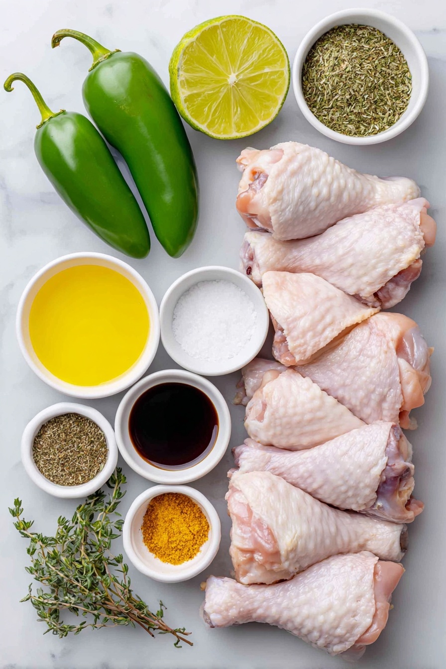 Flat lay of two whole jalapeno peppers with tops cut off, a small white ceramic bowl of rice vinegar, a small white ceramic bowl of olive oil, a small white ceramic bowl of soy sauce, a small white ceramic bowl containing fresh lime juice next to a halved large lime, a small white ceramic bowl of honey, a small white ceramic bowl of dried thyme, a small white ceramic bowl of salt, a small white ceramic bowl of garlic powder, a small white ceramic bowl of allspice, and raw bone-in chicken thighs and drumsticks with skin on arranged neatly, placed on a clean white marble surface, soft natural light, photo taken with an iPhone, professional food photography style, fresh ingredients, white ceramic bowls, no bottles, no duplicates, no utensils, no packaging --ar 2:3 --v 7 --p awthu7i m7354615311229779997