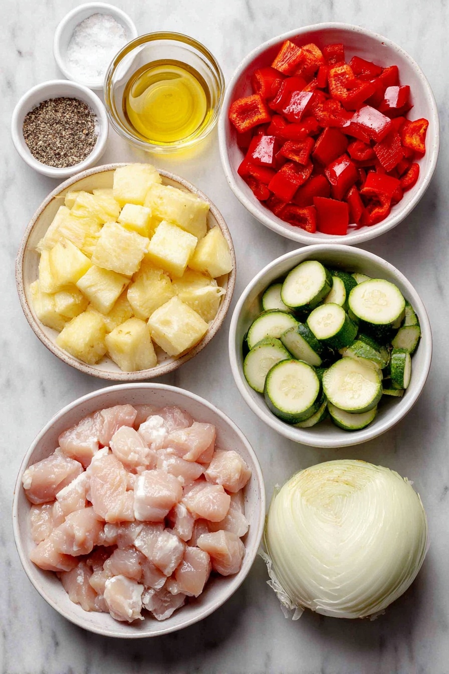 Flat lay of fresh, cubed boneless skinless chicken breast pieces, a large red bell pepper cut into chunks, a large white onion quartered into chunks, sliced green zucchini rounds, roughly cubed ripe pineapple chunks, six peeled whole garlic cloves, a small white ceramic bowl of golden honey, a small white ceramic bowl of extra virgin olive oil, a small white ceramic bowl of coarse sea salt crystals, a small white ceramic bowl of freshly ground black pepper, all arranged in perfect symmetry on a clean white marble surface, soft natural light, photo taken with an iPhone, professional food photography style, fresh ingredients, white ceramic bowls, no bottles, no duplicates, no utensils, no packaging --ar 2:3 --v 7 --p awthu7i m7354615311229779997