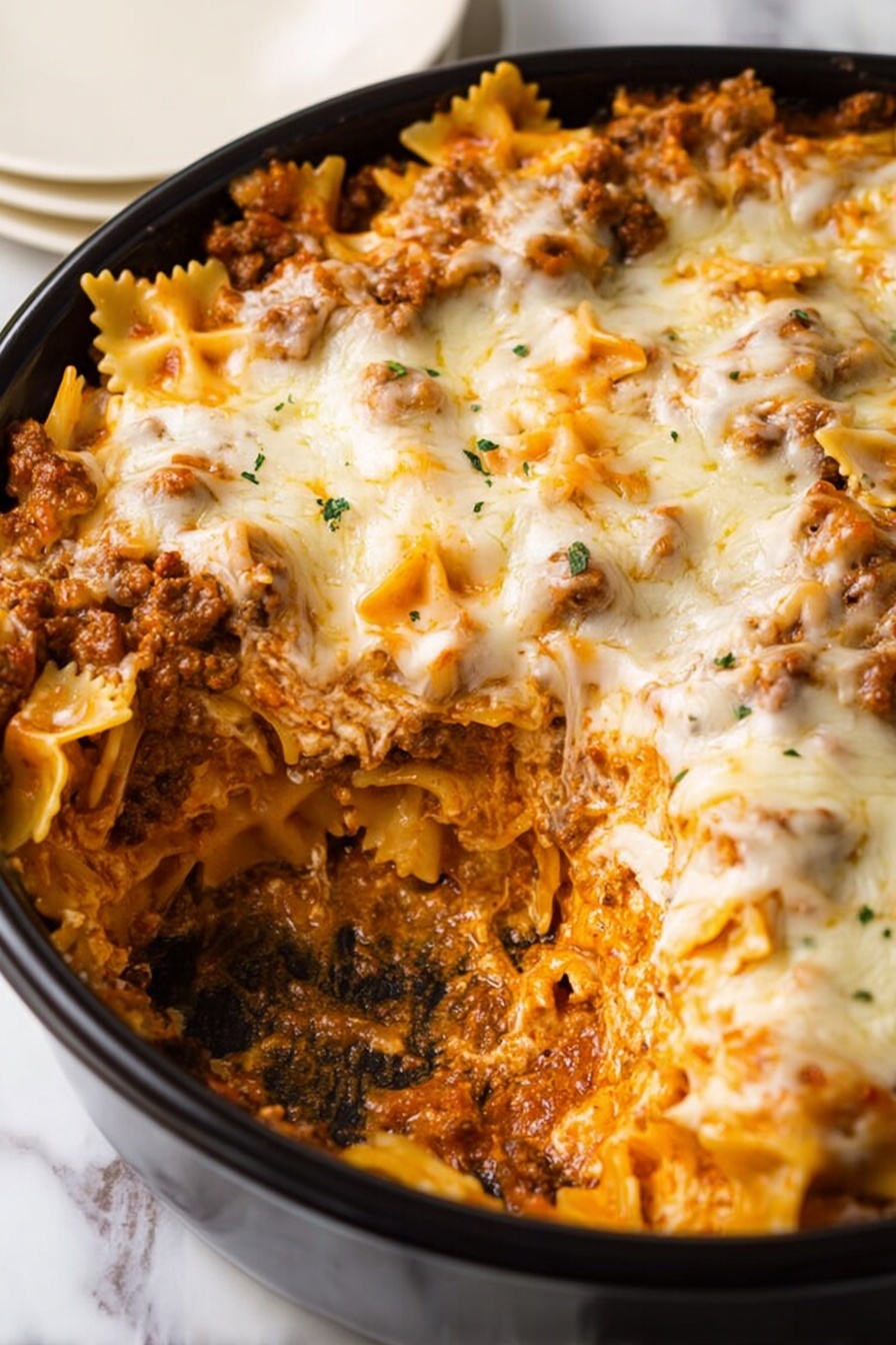 The image shows a round black baking dish filled with a multi-layered casserole. The top layer is thick, melted white cheese with some orange spots where the sauce peeks through. Inside, there are visible layers of orange sauce mixed with browned ground meat and lighter cream or cheese layers. The middle section has been scooped out, showing the soft, mixed texture of the layers. The dish sits on a white marbled surface, and a portion of a white plate is visible on the side. Photo taken with an iphone --ar 2:3 --v 7