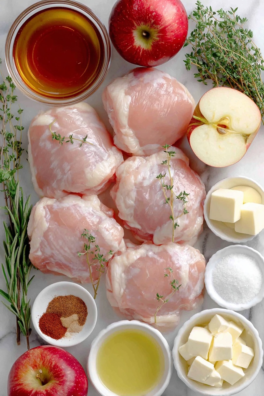 Flat lay of six raw boneless skinless chicken thighs with smooth pink flesh, a small white bowl of golden olive oil, two medium Gala apples sliced thin with red and yellow skin visible, a small white bowl of pale yellow butter cubes, thin half-moon slices of vibrant red onion, a small white bowl of bright amber honey, a small white bowl of clear golden apple cider vinegar, a small white bowl of pale yellow Dijon mustard, a small white bowl of light brown paprika powder, a small white bowl of fine white garlic powder, a small white bowl of warm brown ground cinnamon, a small white bowl of soft tan ground nutmeg, small fresh sprigs of green thyme, rosemary, and sage, a small pile of coarse white salt crystals, a small pile of ground black peppercorns, a small white bowl of clear light amber apple juice, and a small white bowl of white cornstarch powder—all arranged in perfect symmetry on a clean white ceramic surface placed on a clean white marble surface, soft natural light, photo taken with an iPhone, professional food photography style, fresh ingredients, white ceramic bowls, no bottles, no duplicates, no utensils, no packaging --ar 2:3 --v 7 --p m7354615311229779997