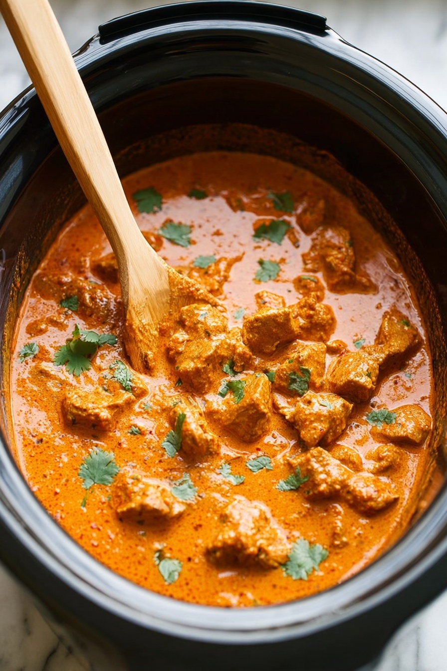 The image shows a black cooker filled with a thick orange curry that has chunks of meat covered in it. The curry is smooth and creamy in texture, dotted with bright green cilantro leaves spread across the surface. A wooden spatula is resting inside the cooker, partly coated with the curry. The background is a white marbled texture. photo taken with an iphone --ar 2:3 --v 7