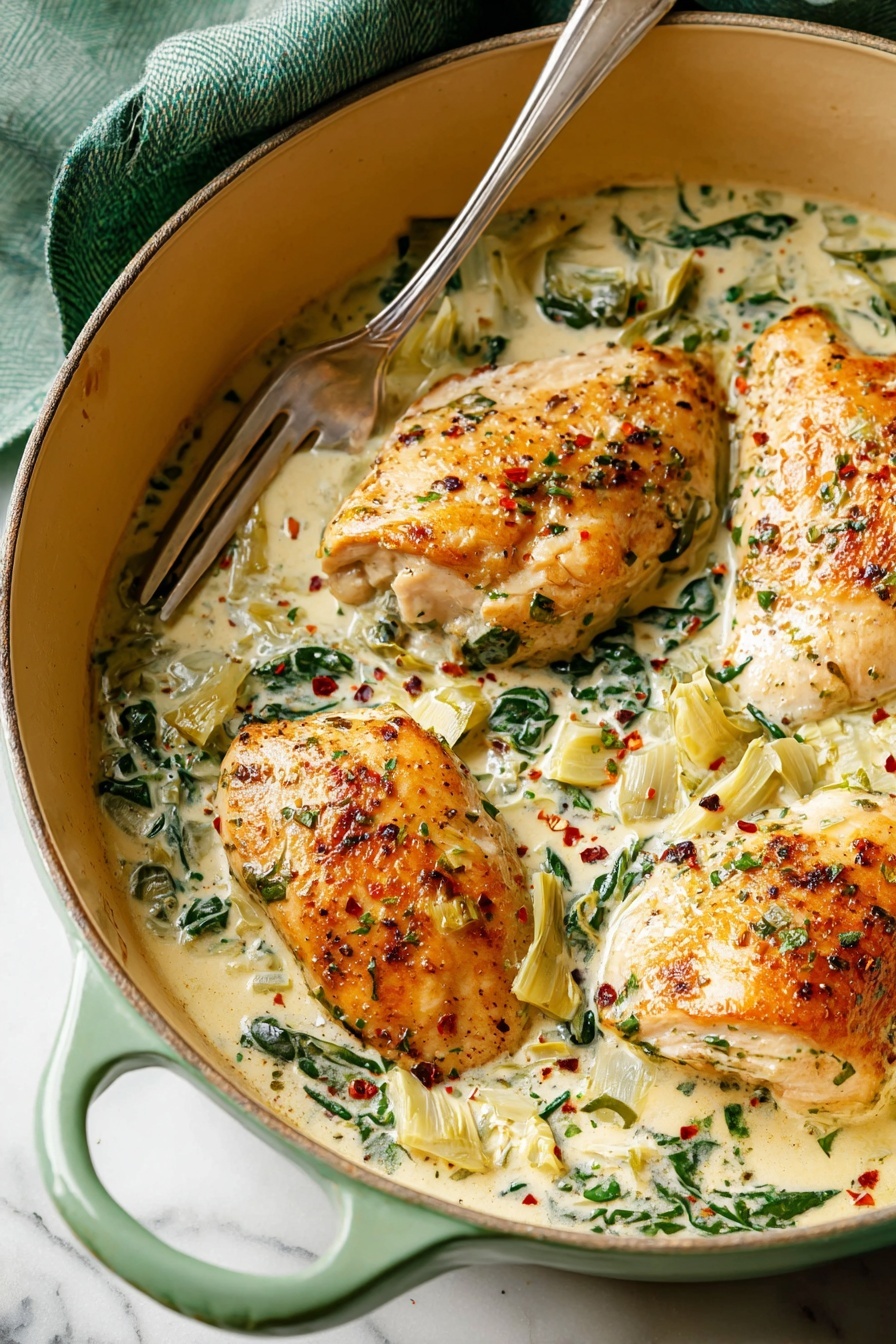 A round light green baking dish holds four golden brown cooked chicken pieces placed on a creamy sauce. The sauce is off-white with visible textures of chopped green spinach leaves and light yellow artichoke pieces, spread evenly around and slightly on top of the chicken. Some red pepper flakes are sprinkled lightly on the chicken and sauce, adding small red spots. The ceramic dish sits on a white marbled surface, with a metal fork resting partially inside the dish on the left side. A green cloth is folded near the top left of the frame. The lighting highlights the moist texture of the sauce and the slight crispness of the chicken's skin. Photo taken with an iphone --ar 2:3 --v 7