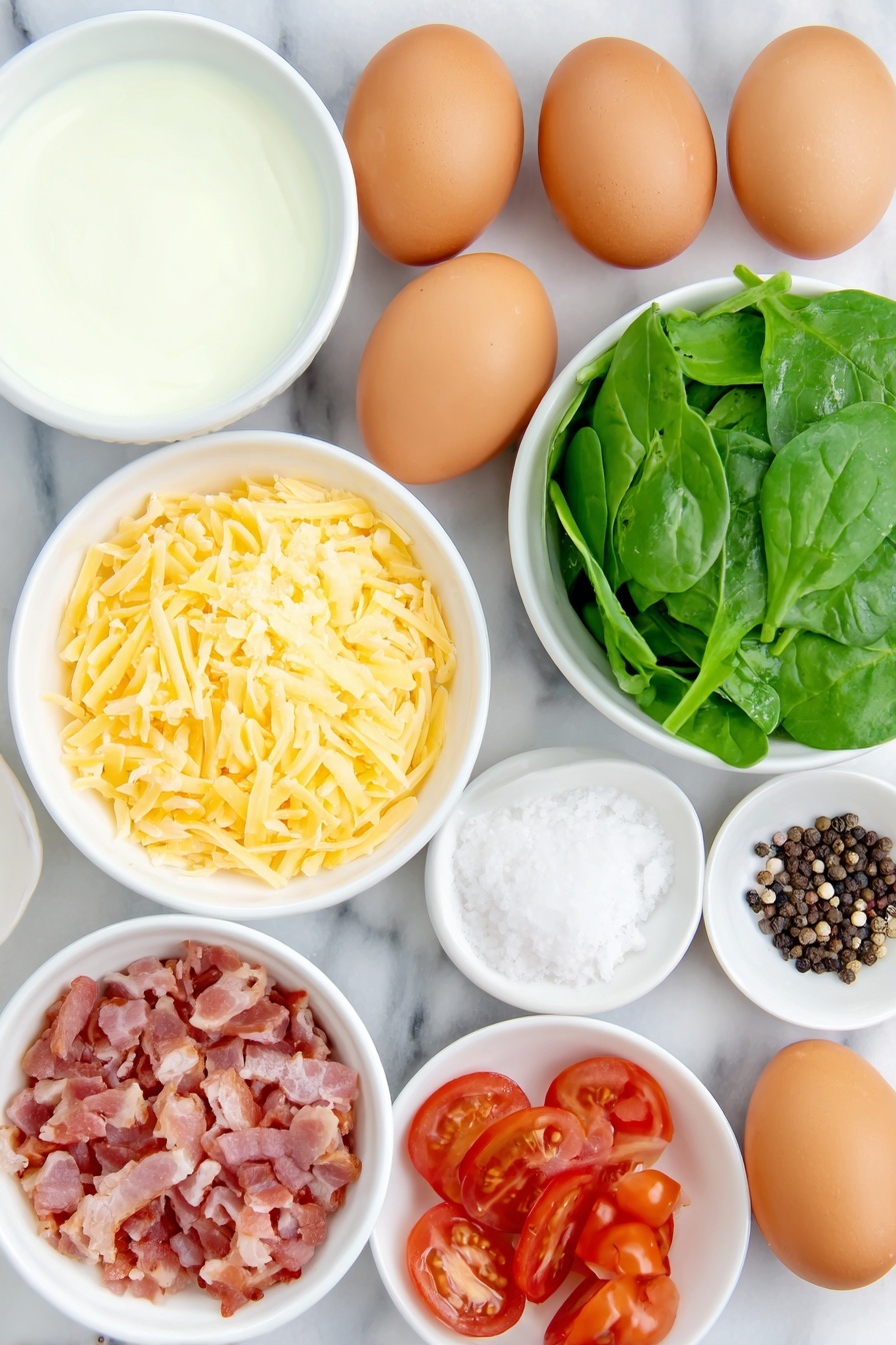 Flat lay of eighteen whole uncracked brown eggs arranged near a small white ceramic bowl of creamy half and half, a small white bowl filled with coarse salt, another with cracked black peppercorns, a simple white bowl heaped with shredded sharp cheddar cheese, a small white bowl containing fresh bright green baby spinach leaves, a small white bowl with halved ripe red grape tomatoes, a small white bowl holding chopped crispy cooked bacon pieces, all ingredients fresh and natural, perfectly symmetrical and balanced, placed on a clean white marble surface, soft natural light, photo taken with an iPhone, professional food photography style, fresh ingredients, white ceramic bowls, no bottles, no duplicates, no utensils, no packaging --ar 2:3 --v 7 --p m7354615311229779997