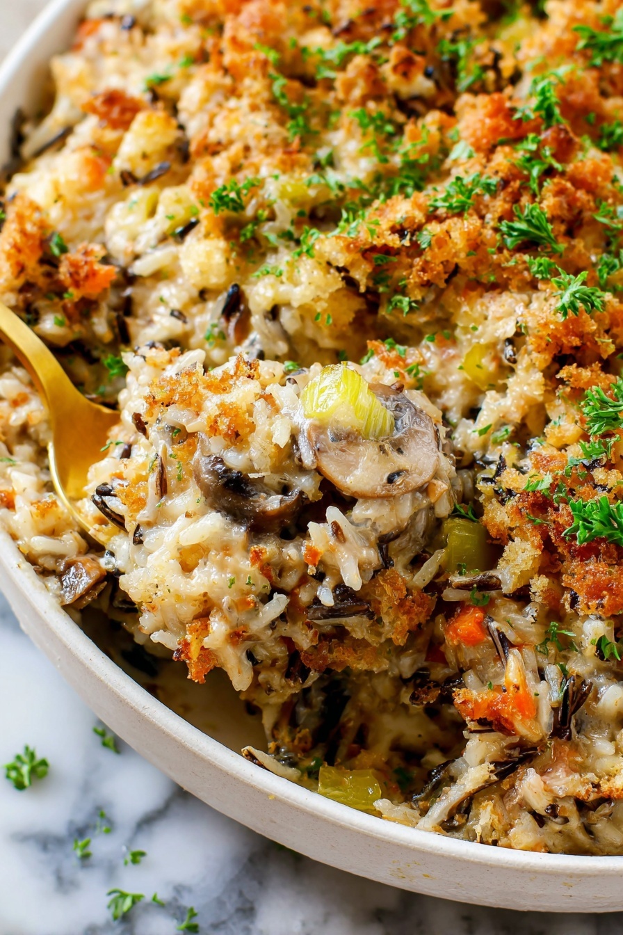 The image shows a close-up of a creamy rice casserole served in a white bowl. The dish has multiple textures and colors, with soft rice and wild rice mixed with small pieces of orange carrots, light green celery, and browned mushrooms. The top layer has golden toasted crumbs and is sprinkled with bright green chopped parsley. A gold spoon is scooping some of the casserole, showing the moist and cheesy inside with different shades of beige, brown, and hints of orange and green. The background is a white marbled surface. photo taken with an iphone --ar 2:3 --v 7