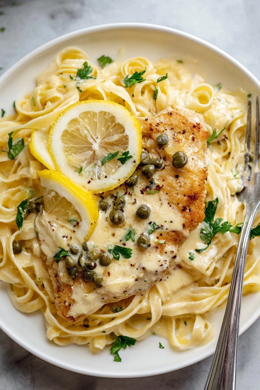 Lemon Chicken Piccata - A white plate holds a serving of creamy fettuccine pasta with a smooth, pale yellow sauce coating the noodles. On top of the pasta lies a golden-brown cooked chicken cutlet covered in the same creamy sauce. The sauce is dotted with small green capers and specks of black pepper, adding texture. Two slices of lemon, one whole round and one wedge, rest on the chicken, providing a bright yellow contrast. Fresh green parsley is sprinkled on top, enhancing the presentation. A fork is placed on the right side of the plate, partially resting on the pasta. The dish sits on a white marbled surface. photo taken with an iphone --ar 2:3 --v 7