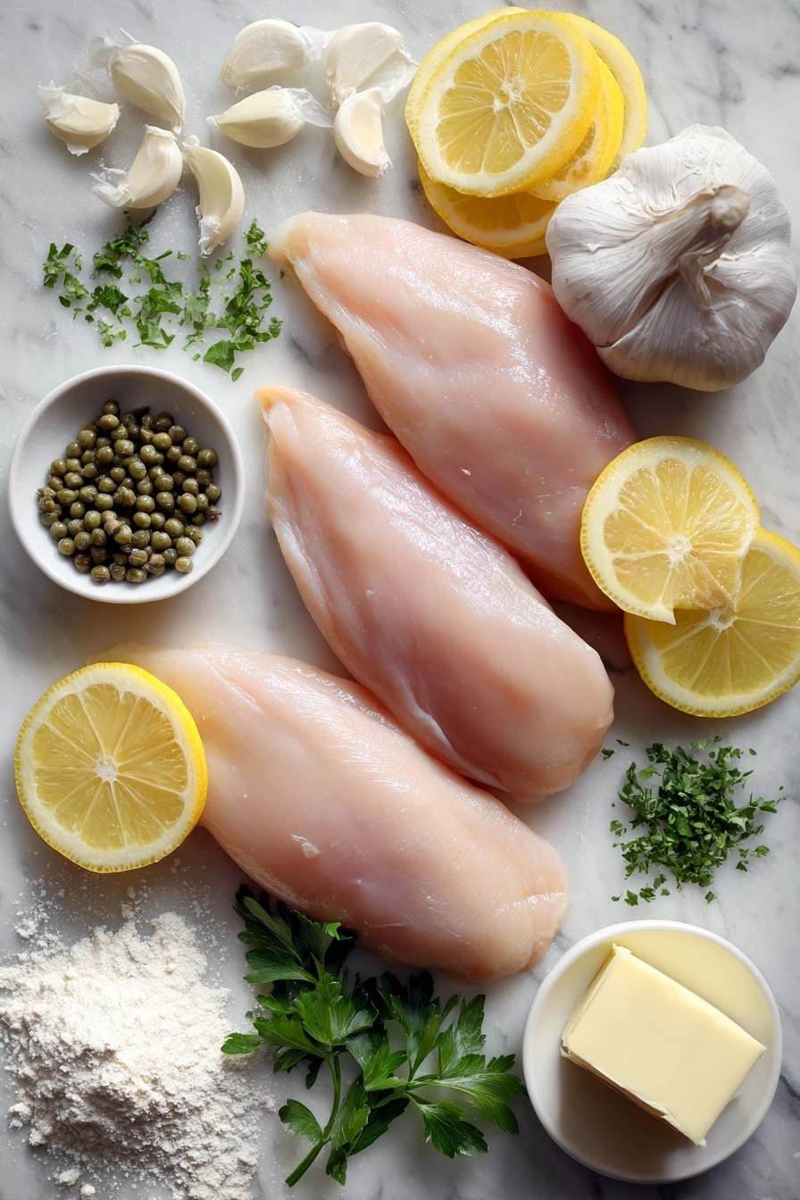 Lemon Chicken Piccata - Flat lay of four raw boneless, skinless chicken breasts with a smooth, pale pink surface, fresh vibrant yellow lemon slices arranged around them, small piles of bright green chopped parsley leaves, plump green capers scattered artistically, several peeled garlic cloves with their papery white skins, a small mound of fine white flour, and a few dollops of creamy pale yellow butter, all placed on white marbled surface, photo taken with an iphone --ar 2:3 --v 7