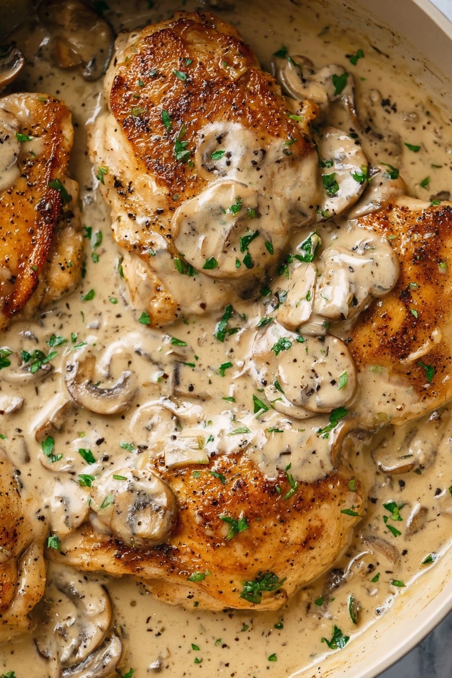 Creamy Mushroom Chicken - The image shows four cooked golden-brown chicken pieces covered with a thick, creamy mushroom sauce. The sauce has a light beige color with visible slices of mushrooms and small bits of black pepper. The chicken and sauce fill the frame, giving a close-up view of the texture, with fresh green herb bits sprinkled on top for contrast. The background is a white marbled texture. Photo taken with an iphone --ar 2:3 --v 7
