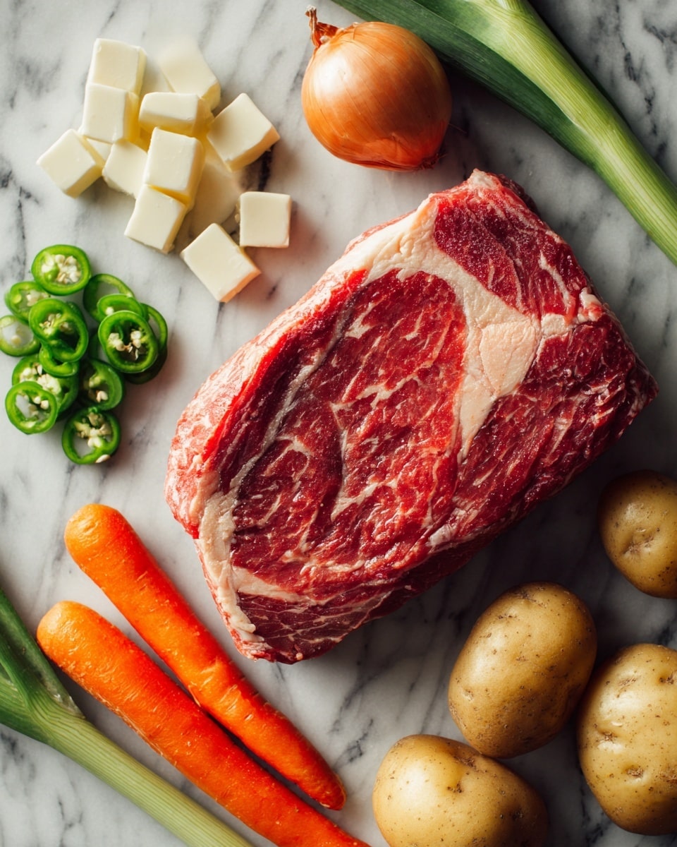 Mississippi Pot Roast - Flat lay of a large raw chuck roast with rich marbling, bright green pepperoncini peppers scattered around, a small mound of creamy butter cubes, vibrant orange baby carrots, smooth light brown baby potatoes, and two small packets of golden ranch dressing mix and darker au jus gravy mix, all arranged naturally with fresh textures and colors contrasting beautifully, placed on white marbled surface, photo taken with an iphone --ar 2:3 --v 7