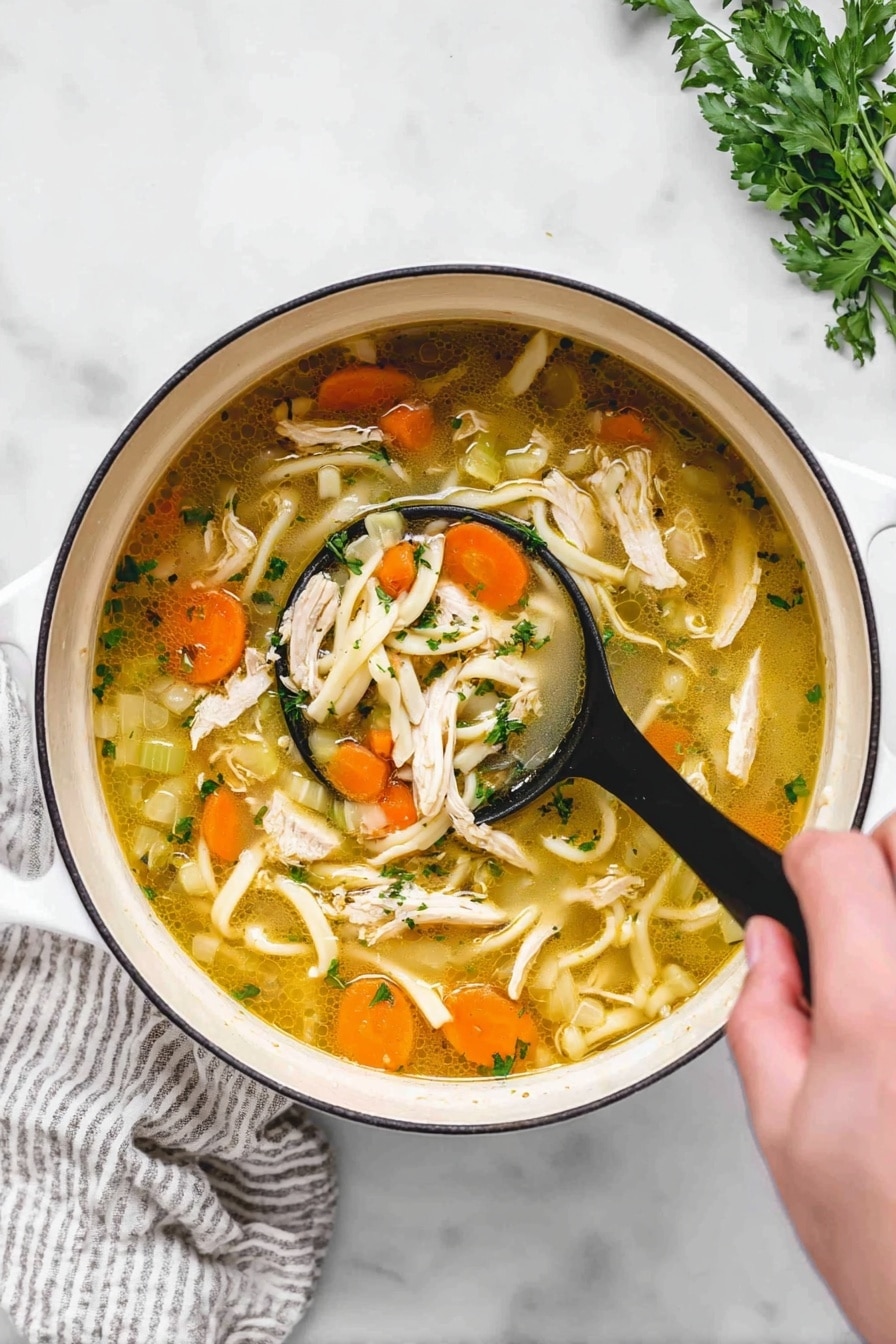creamy chicken noodle soup - A white pot filled with a clear yellow broth soup that has many layers of ingredients: orange carrot slices, light green celery pieces, white thick noodles, and shredded white chicken pieces. There are small green herb pieces scattered on top. A woman’s hand is holding a black ladle lifting a portion of the soup, showing the carrots, noodles, chicken, and herbs clearly. The pot is placed on a white marbled surface with a white and gray striped cloth near the pot. Some green herbs are in the top right corner. photo taken with an iphone --ar 2:3 --v 7