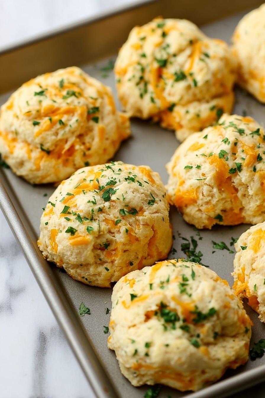The image shows seven round biscuit-like dough pieces on a gray baking tray. Each dough piece is light golden in color with visible small orange cheddar cheese strips mixed inside. The dough looks soft and fluffy with some rough texture and small cracks. On the surface of each dough piece, finely chopped green parsley flakes are sprinkled evenly, adding a fresh contrast in color. The pieces have uneven, rustic edges and are spaced apart on the tray. The background is a white marbled surface. photo taken with an iphone --ar 2:3 --v 7