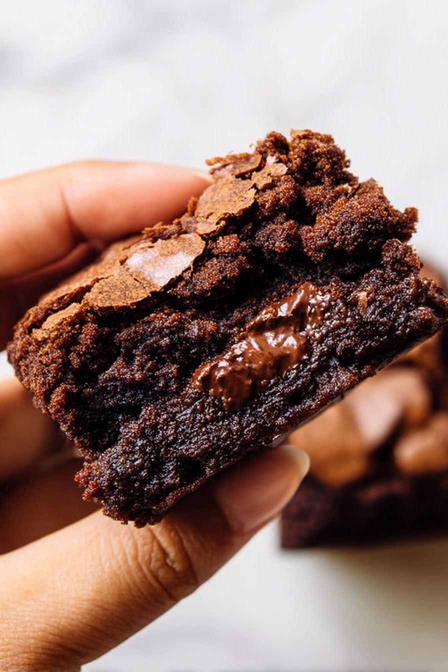 A stack of four square brownies with a dark brown color and a moist, dense texture is shown. Each brownie layer has a slightly cracked top with melted chocolate chunks visible inside and on the surface. The brownies are stacked on a light tan parchment paper placed on a white marbled surface, with part of another stack of brownies blurred in the background. The setting contrasts nicely with the rich chocolate tones of the brownies. photo taken with an iphone --ar 2:3 --v 7