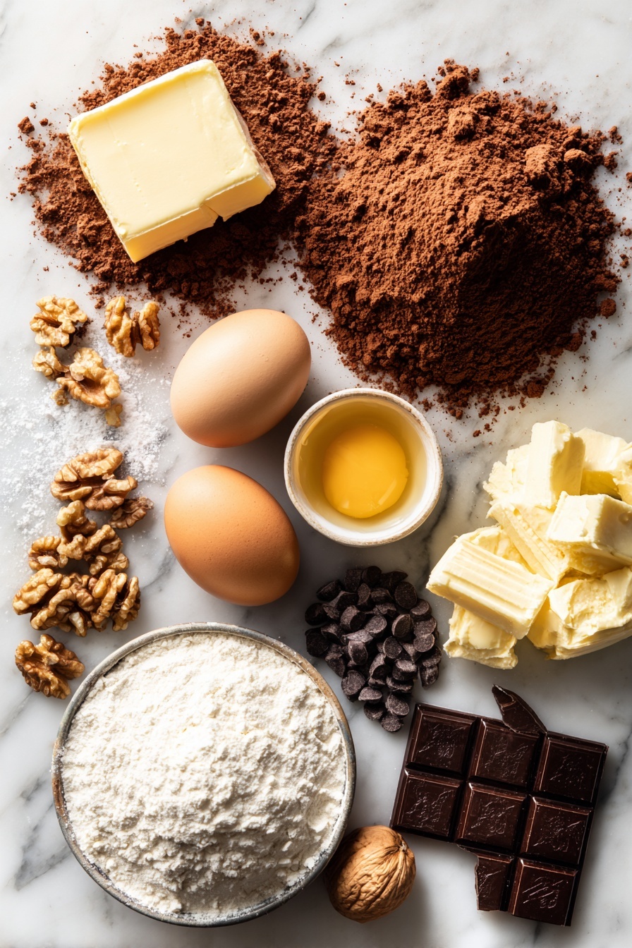 Flat lay of a rich block of unsweetened dutch-processed cocoa powder, a half cup of soft golden butter, a mound of fine granulated sugar, two large fresh eggs, a small glass bottle of vanilla extract, a neat pile of sifted white flour, and a scattering of dark chocolate chips and chopped walnuts, all beautifully arranged on a white marble surface, photo taken with an iphone --ar 2:3 --v 7