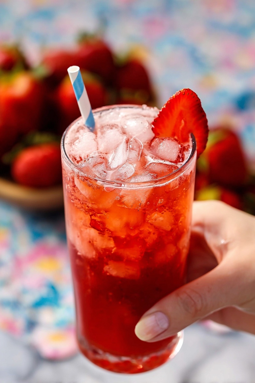 A clear tall glass filled with bright red strawberry drink layered with many small ice cubes on top, a half red strawberry piece garnishes the rim, and a white straw with blue stripes is placed inside. The drink is held by a woman's hand showing light skin, with a slightly blurred white marbled surface and strawberries in soft focus background. Photo taken with an iphone --ar 2:3 --v 7