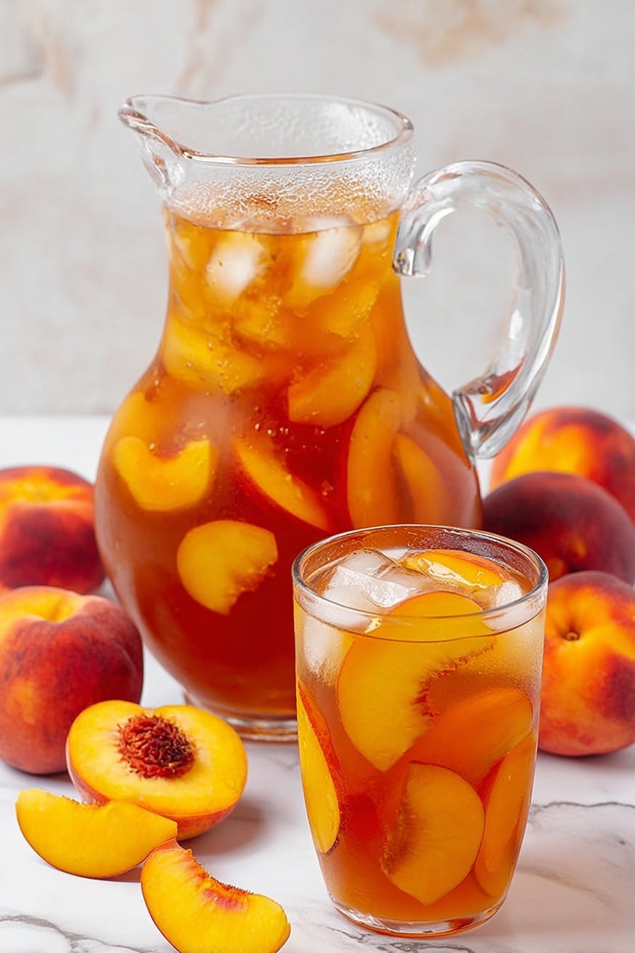 A clear glass pitcher filled with iced peach tea, showing large ice cubes and several bright orange-yellow peach slices floating and submerged inside the amber-colored liquid. Next to the pitcher is a tall white glass also filled with the same iced peach tea and peach slices. Around the pitcher and glass are whole peaches and peach halves placed on a white marbled surface, adding warm red and orange tones to the scene. The pitcher handle is clear and curved, with condensation drops visible on the outside, giving a fresh look. Photo taken with an iphone --ar 2:3 --v 7