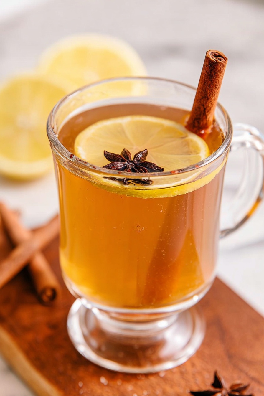 Two clear glass mugs filled with a warm amber liquid sit on a wooden board. Each mug has a thin lemon slice floating on top, garnished with small dark cloves scattered on the lemon. A star anise rests on the lemon slice, and a cinnamon stick stands upright inside each mug. To the side on the wooden board, two extra cinnamon sticks lie next to the mugs. A whole lemon and a cut lemon half are placed near the front of the board. The background has a white marbled texture. photo taken with an iphone --ar 2:3 --v 7