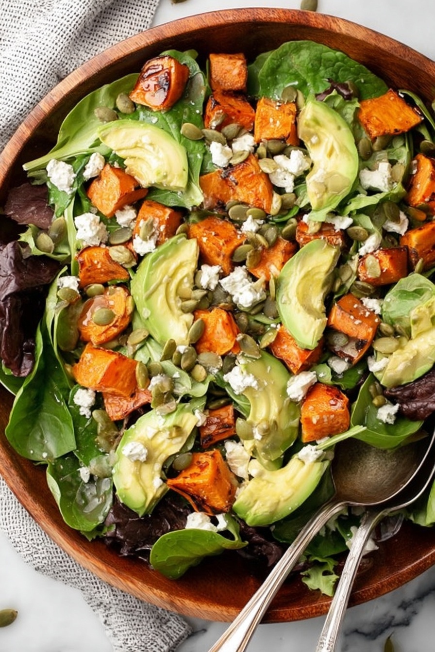 The dish is a salad served in a wooden bowl on a white marbled surface, with two silver spoons resting inside. The salad has a base layer of fresh leafy greens in dark and bright green shades. On top of the greens, there are medium-sized orange roasted sweet potato chunks scattered around. Slices of light green avocado are placed evenly throughout the salad. White crumbly cheese is sprinkled on top, adding contrast. Small green pumpkin seeds are scattered over the salad for texture. There is a light drizzle of dressing visible on the top layers. Photo taken with an iphone --ar 2:3 --v 7