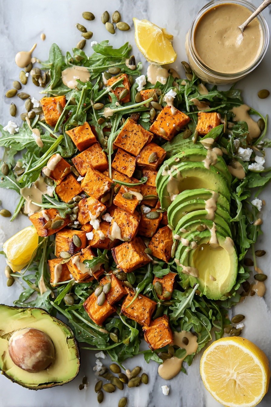 Flat lay of roasted sweet potato cubes with golden edges, fresh bright green arugula leaves, creamy pale green avocado slices, crumbled white feta cheese, a wedge of fresh yellow lemon, and scattered toasted pepitas with their rich brown color, all arranged thoughtfully with dollops of smooth tahini dressing drizzled artfully, placed on a white marble surface, photo taken with an iphone --ar 2:3 --v 7