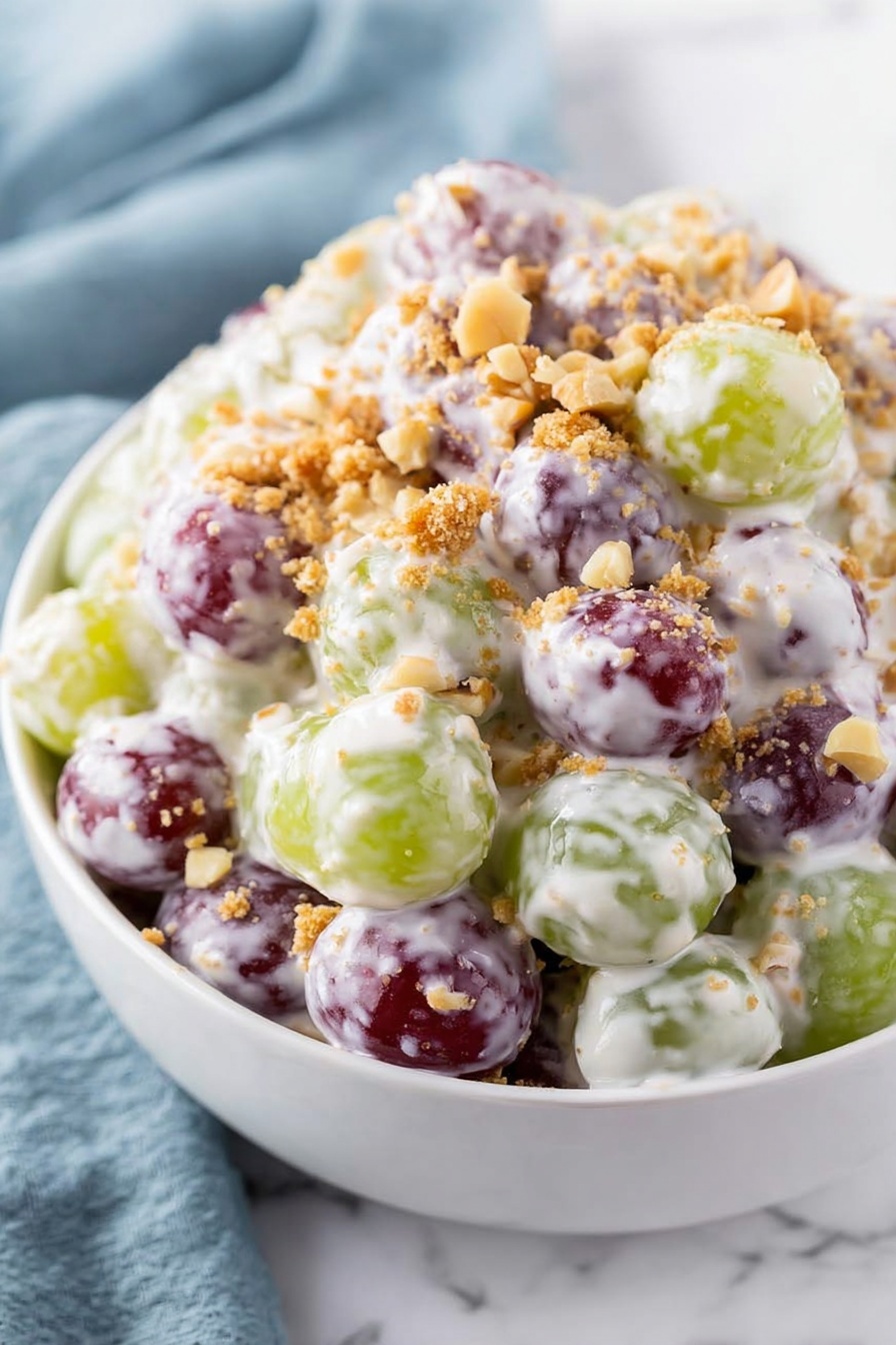 A close-up view of a white bowl filled with a creamy grape salad, showing two layers of green and purple grapes coated in a thick white dressing. The salad is topped with small pieces of light brown chopped nuts and some light brown crumbs scattered on top. The bowl sits on a white marbled surface with part of a light blue cloth in the background, and the grapes and dressing have a glossy texture. photo taken with an iphone --ar 2:3 --v 7