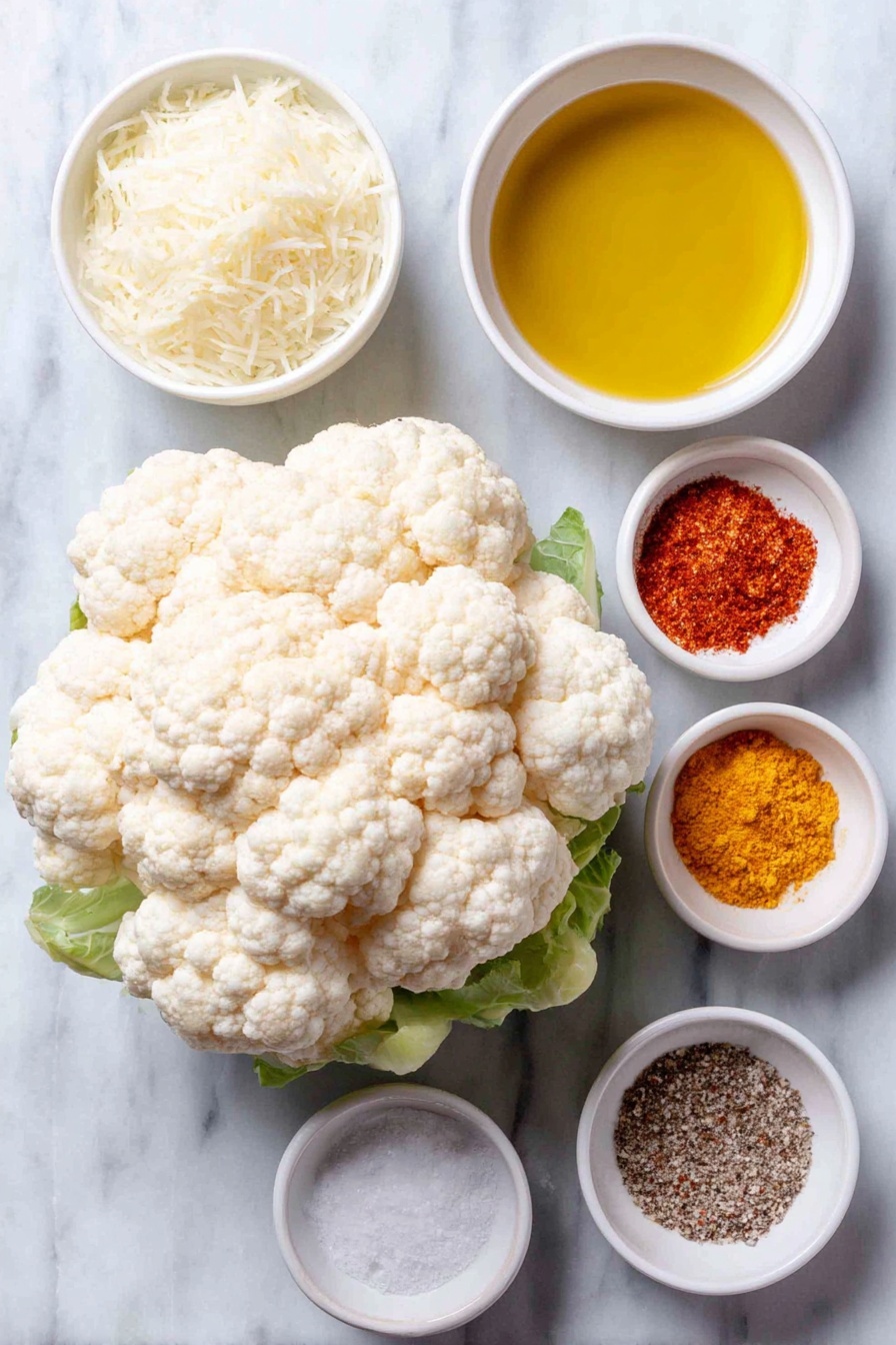 Flat lay of a medium head of fresh cauliflower cut into even florets, a small white bowl filled with golden olive oil, a small white bowl containing bright orange smoked paprika powder, a small white bowl with vibrant yellow turmeric powder, a small white bowl of off-white garlic powder, a small white bowl holding finely grated pale parmesan cheese, a small white bowl with coarse black pepper, and a small white bowl of fine white salt, all arranged symmetrically on a clean white marble surface, soft natural light, photo taken with an iPhone, professional food photography style, fresh ingredients, white ceramic bowls, no bottles, no duplicates, no utensils, no packaging --ar 2:3 --v 7 --p awthu7i m7354615311229779997