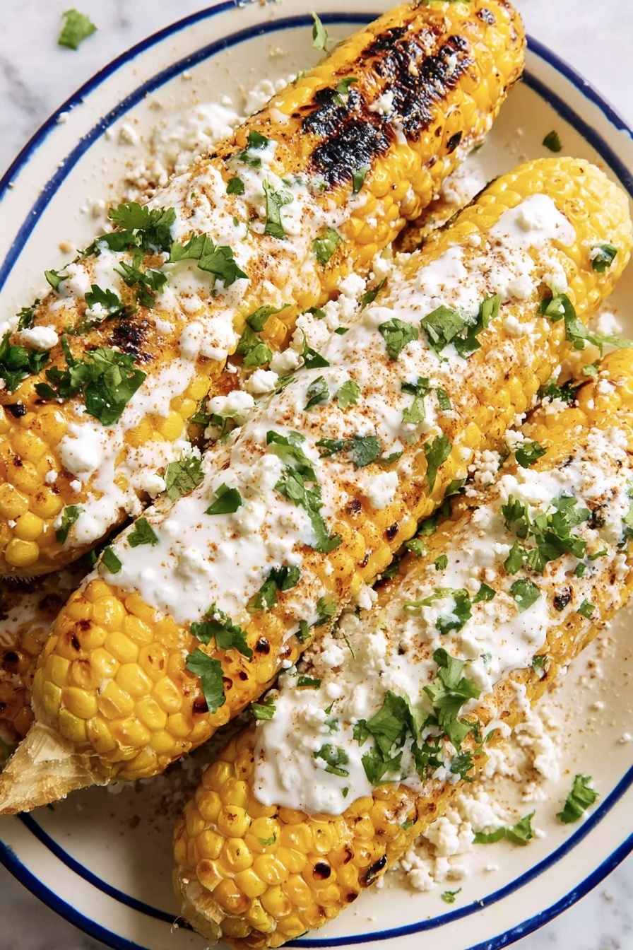 Three grilled corn cobs are placed on a white plate with a blue rim, each covered with a creamy white sauce, sprinkled with crumbly white cheese and small green herb pieces. The corn kernels show a mix of golden yellow and charred brown colors. A green lime wedge rests on the side of the plate. The plate sits on a white marbled surface. photo taken with an iphone --ar 2:3 --v 7