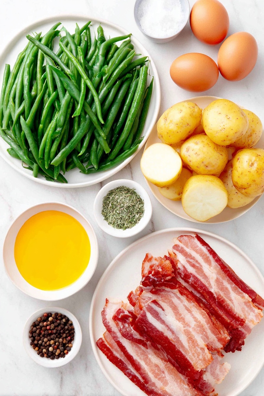 Flat lay of fresh trimmed green beans arranged in a simple white ceramic bowl, a small white bowl filled with golden melted butter, a cluster of baby Yukon gold potatoes halved showing smooth creamy skin and pale yellow flesh, thick-cut raw bacon slices laid neatly on a plain white plate, a small white bowl containing coarse ranch seasoning mix with visible herbs, a small white bowl with fine garlic powder, two whole uncracked brown eggs with clean shells, a small white bowl with coarse sea salt crystals, and whole black peppercorns scattered artistically in a white ceramic dish, all ingredients placed with perfect symmetry and balanced proportions, placed on a clean white marble surface, soft natural light, photo taken with an iPhone, professional food photography style, fresh ingredients, white ceramic bowls, no bottles, no duplicates, no utensils, no packaging --ar 2:3 --v 7 --p awthu7i m7354615311229779997
