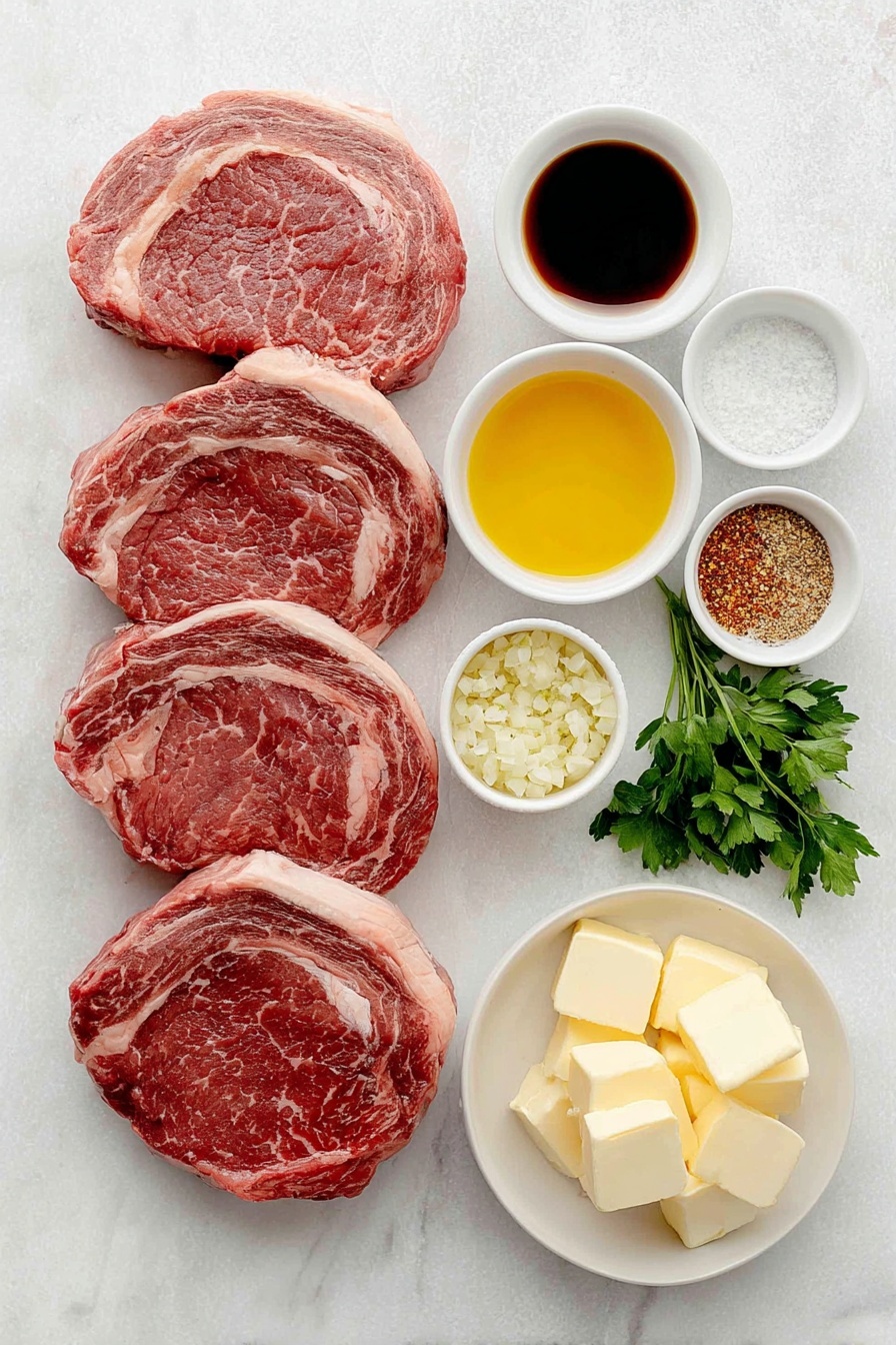 Flat lay of four raw rib eye steaks with rich marbling, a small white ceramic bowl of dark soy sauce, a small white ceramic bowl of bright yellow lemon juice, a small white ceramic bowl of golden olive oil, a small white ceramic bowl of deep brown Worcestershire sauce, a small white ceramic bowl filled with finely minced fresh garlic, a small white ceramic bowl of ground black pepper, a small white ceramic bowl of coarse sea salt, a small white ceramic bowl of garlic powder, a small white ceramic bowl of onion powder, a small white ceramic bowl with mixed dried Italian seasonings, a small white ceramic bowl with red pepper flakes, four cold pats of pale creamy butter stacked neatly, and a small pile of finely chopped fresh parsley leaves — all ingredients fresh and natural, arranged in perfect symmetry on a clean white marble surface, soft natural light, photo taken with an iPhone, professional food photography style, fresh ingredients, white ceramic bowls, no bottles, no duplicates, no utensils, no packaging --ar 2:3 --v 7 --p awthu7i m7354615311229779997