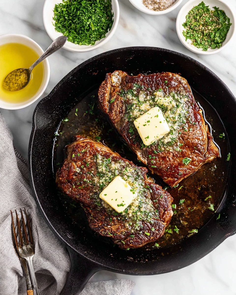 Two cooked steaks are in a black cast iron skillet, each topped with a melting square of butter and sprinkled with chopped green herbs. The steaks have a rich brown color with a slightly charred texture and juices pooling around them. Around the skillet, there are small white bowls with chopped green herbs, melted butter, and seasoning sauce. A white plate holds gold-colored forks and knives, and a white marbled surface is beneath everything. A woman's hand holding a wooden-handled fork is visible at the bottom near a grey and white patterned cloth. Photo taken with an iphone --ar 2:3 --v 7
