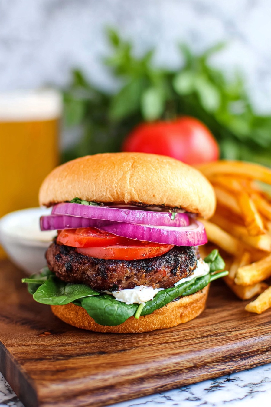 A juicy burger sits on a wooden surface with multiple layers visible: the bottom layer has fresh green spinach leaves, topped by a thick, grilled dark brown patty with a slightly charred texture, above that there are several rings of bright purple-red onion, followed by a slice of red tomato with a bit of white sauce spread around its edges, and the top is a soft, light brown toasted bun with a smooth surface. Next to the burger are golden brown French fries stacked casually. In the blurred background, a bunch of green herbs and a whole red tomato add fresh color, all set against a white marbled texture. photo taken with an iphone --ar 2:3 --v 7