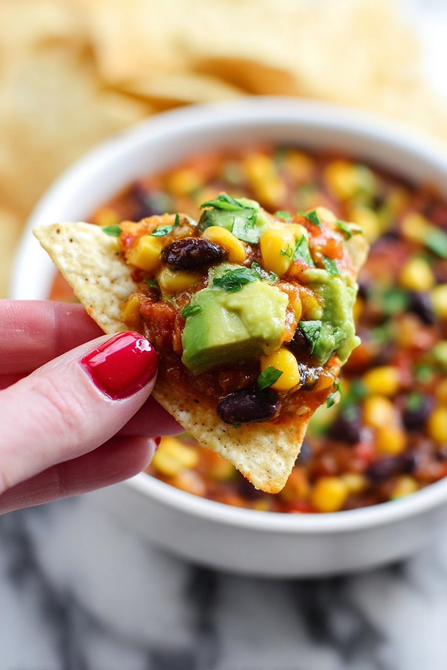 A woman's hand with red nail polish holds a large, white triangular tortilla chip with a scoop of colorful dip on top. The dip shows three clear layers: a soft green layer of avocado chunks, bright yellow corn kernels, and shiny black beans, mixed with a reddish-brown base that looks like a bean salsa with some small green herb pieces. In the background, there is a white bowl filled with the same layered dip on a white marbled surface. The photo taken with an iphone --ar 2:3 --v 7