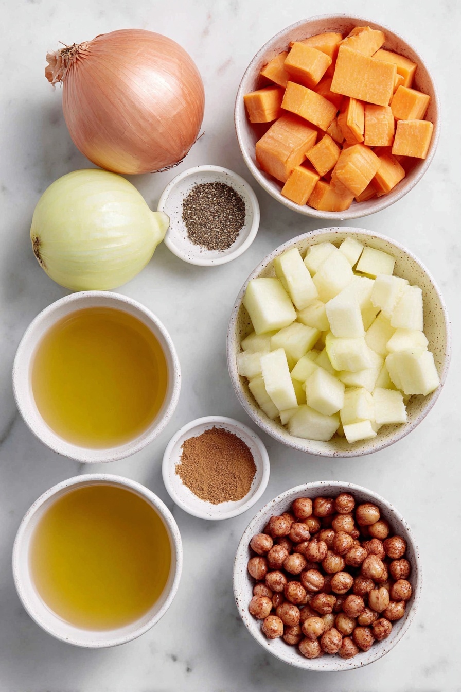Flat lay of a medium yellow onion, three peeled and chopped medium carrots, a medium butternut squash peeled and cut into one-inch cubes, a large peeled Granny Smith apple chopped, two small white ceramic bowls with golden maple syrup and light brown pure olive oil, a small white ceramic bowl filled with whole dry chickpeas, a small white ceramic bowl containing ground cinnamon powder, a tiny white ceramic bowl with ground nutmeg, a small white ceramic bowl of coarse salt, a small white ceramic bowl of freshly ground black pepper, and two plain white ceramic bowls of low sodium vegetable broth, all arranged symmetrically and naturally placed on a clean white marble surface, soft natural light, photo taken with an iPhone, professional food photography style, fresh ingredients, white ceramic bowls, no bottles, no duplicates, no utensils, no packaging --ar 2:3 --v 7 --p awthu7i m7354615311229779997