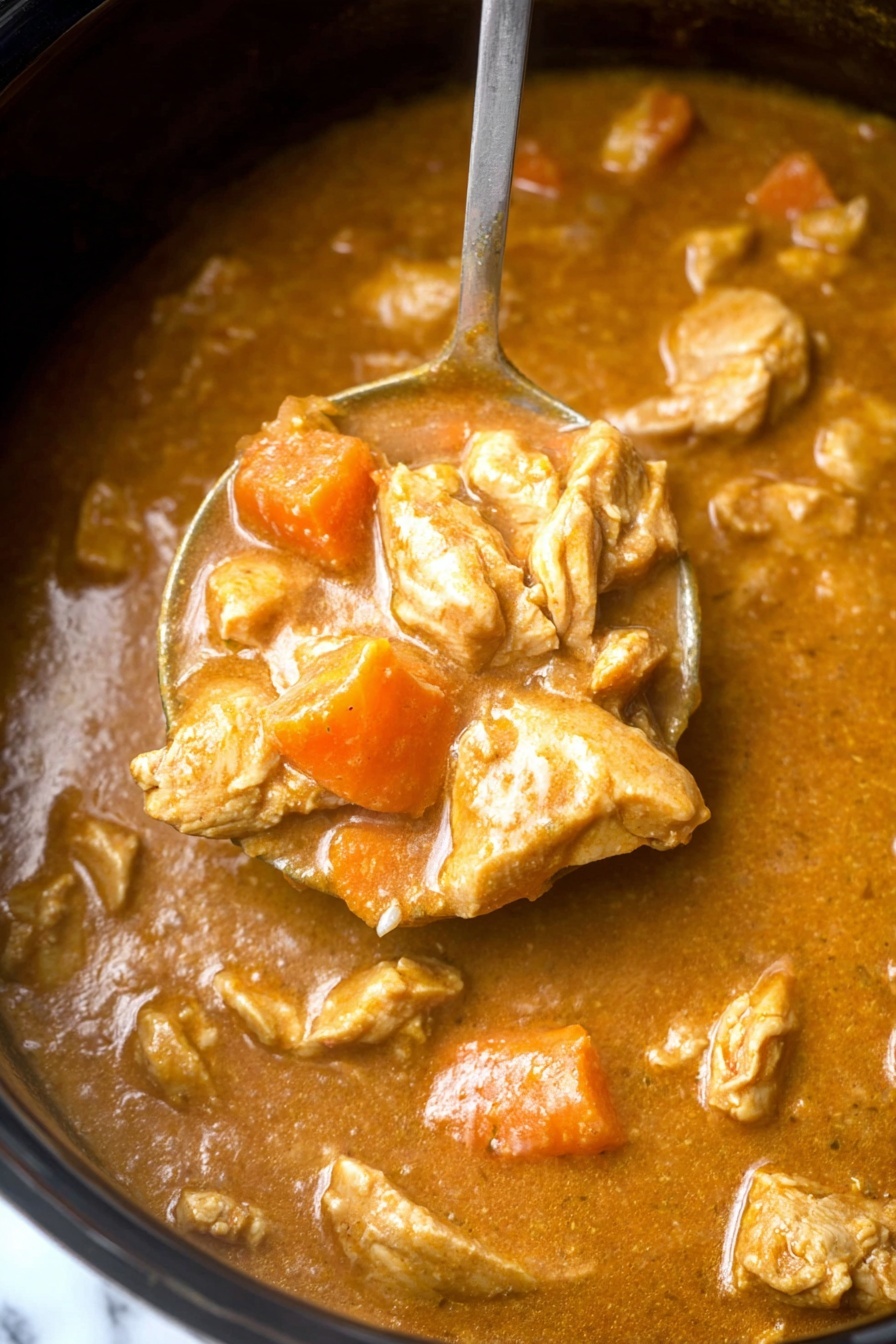 A close-up image of a rich, thick stew in a dark cooking pot with a glossy surface, filled with chunky pieces of chicken and orange carrot chunks submerged in a smooth, creamy brown sauce that looks slightly grainy. The chicken pieces are tender and light brown, layered unevenly in the sauce with some slightly shredded texture. A silver metal spoon lifts a portion of the stew, showing two large pieces of chicken and carrot slices covered with the sauce, highlighting the hearty and moist texture of the dish. The background surface is white marbled texture. photo taken with an iphone --ar 2:3 --v 7