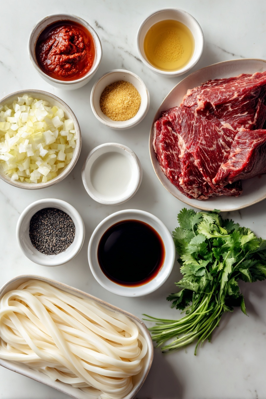 Flat lay of a whole large yellow onion finely diced in a small white ceramic bowl, a small white bowl of bright red gochujang paste, a small white bowl of dark soy sauce, a small white bowl of pale rice vinegar, a small white bowl of packed light brown sugar, a small white bowl of golden garlic-ginger paste, a small white bowl of deep red tomato paste, a small white bowl of rich beef stock, a portion of raw ox cheek beef with deep red marbling, four fresh pale cream udon noodles neatly arranged, a small white bowl of roughly chopped bright green fresh coriander, and a small white bowl of black sesame seeds, all placed on a clean white marble surface, soft natural light, photo taken with an iPhone, professional food photography style, fresh ingredients, white ceramic bowls, no bottles, no duplicates, no utensils, no packaging --ar 2:3 --v 7 --p awthu7i m7354615311229779997