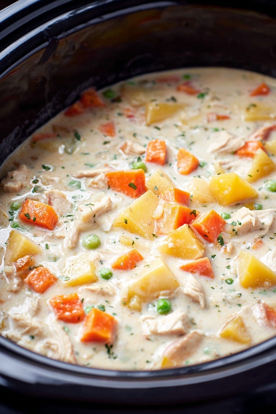 A close-up view of a thick creamy stew filled with chunks of light tan meat, bright orange carrot pieces, vibrant green peas, small yellow potato cubes, and some translucent onion slices held on a large metal spoon above a pot. The creamy sauce is light beige with subtle herbs sprinkled throughout, and the ingredients are mixed evenly in the stew. The background shows more of the same stew inside the pot with soft textures and warm colors. Photo taken with an iphone --ar 2:3 --v 7