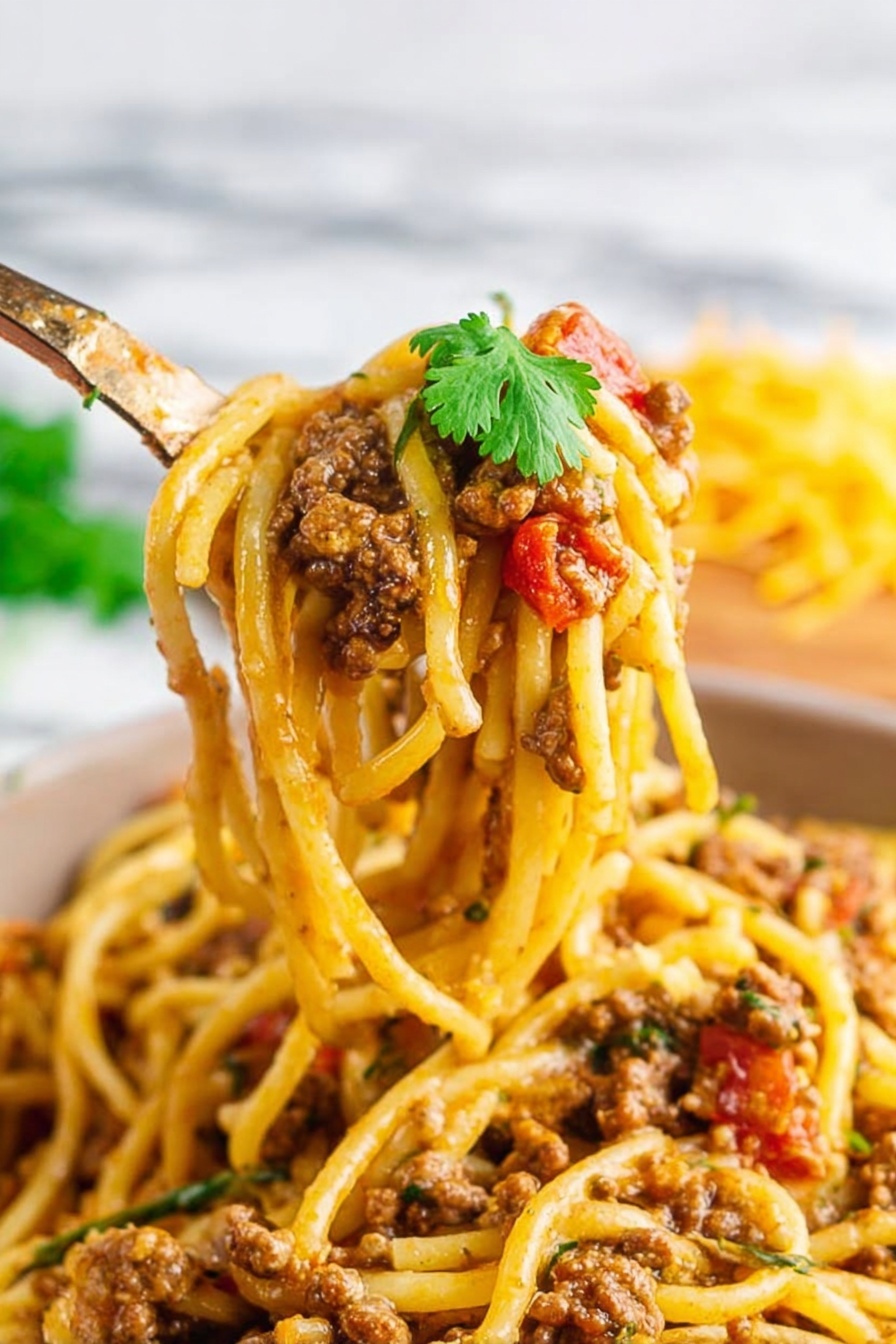 A close-up view of a fork lifting a twisted bunch of yellowish spaghetti mixed with browned ground meat and small red tomato pieces, with a single green cilantro leaf on top. The background shows blurred shredded cheese and a white marbled surface. The texture of the pasta is smooth and mixed with a light sauce, and the meat appears crumbly and moist, spread evenly throughout the noodles. Photo taken with an iphone --ar 2:3 --v 7
